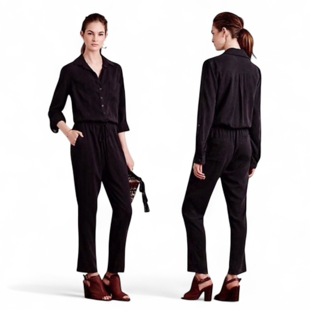 Anthropologie Cloth & Stone 100% Tencell Tyocell Long Sleeves Black Jumpsuit - Picture 1 of 14